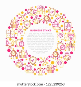 Business ethics concept in circle with thin line icons: union, honesty, responsibility, justice, commitment, no to racism, gender employment, core values. Vector illustration, print media template.