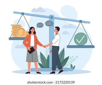 Business ethics concept. Man and woman make deal. Principles and rules of company, responsible business. Moral aspect over finance. Partnership and collaboration. Cartoon flat vector illustration