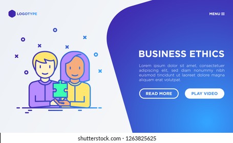 Business ethics concept: people of different nationalities working together. Thin line icons: commitment, no to racism, recruitment service, gender employment. Vector illustration, web page template.