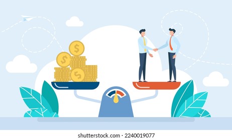 Business ethics concept. Principles and rules of company, responsible business. Balance between partnership and money Moral aspect over finance. Partnership and collaboration. Vector illustration
