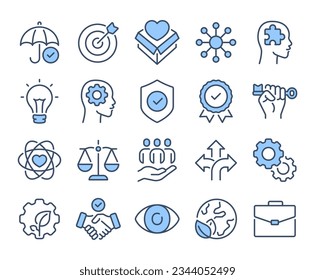 Business ethics and core values blue editable stroke outline icons set isolated on white background flat vector illustration. Pixel perfect. 64 x 64.