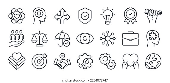 Business ethics and core values editable stroke outline icons set  isolated on white background flat vector illustration. Pixel perfect. 64 x 64.