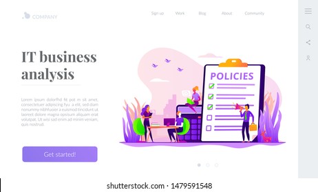 Business ethics. Corporate governance. Regulations compliance. Business rules, main company policy, business regulation, IT business analysis concept. Website homepage header landing web page template