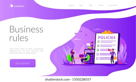 Business ethics. Corporate governance. Regulations compliance. Business rules, main company policy, business regulation, IT business analysis concept. Website homepage header landing web page template