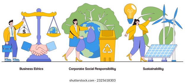 Ética empresarial, responsabilidad social corporativa, concepto de sostenibilidad con carácter. Juego de Ilustración de Vectores de Resumen de Prácticas Comerciales Éticas. Administración Ambiental, Metáfora de Impacto Social.