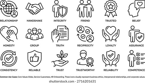 Conjunto de iconos de ética empresarial y valores corporativos, confianza, integridad, honestidad, confiabilidad, apretón de manos, trabajo en equipo, Ilustración vectorial para RRHH y marca