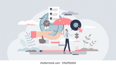 Business ethics with high principles attitude and moral value tiny person concept. Professional company attitude with integrity and social responsible work vector illustration. Reliable and safe deal.