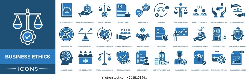 Business ethics icon. Code of Conduct, Corporate Responsibility, Ethical Standards, Integrity Policy, Transparency, Fair Trade and Ethical Leadership