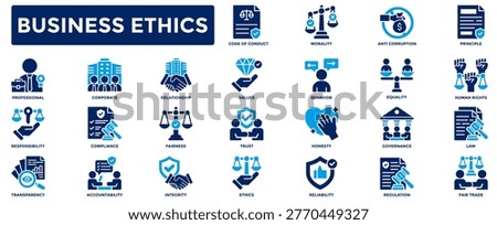 Business Ethics icon collection. Contains icons for ethics, responsibility, transparency, integrity, fairness, law, morality, honesty, values. Flat vector illustration.	
