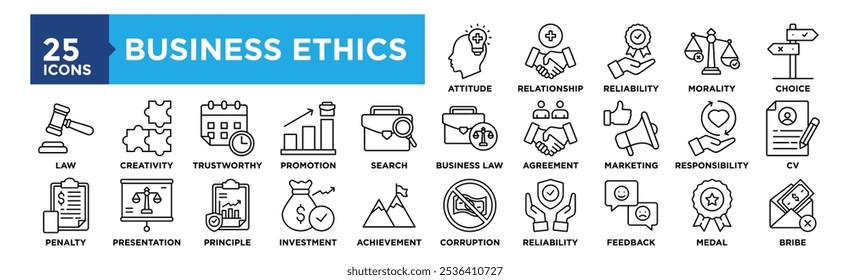 Business Ethics icon collection set. Containing design business, corporate, strategy, management, integrity, moral