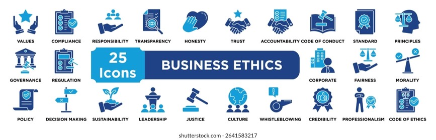 Business Ethics icon collection set. Containing values,compliance,responsibility,transparency,honesty,trust,accountability,conduct,standards,principles icon. dual tone vector.