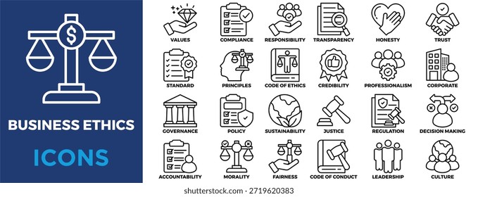 Conjunto de coleções de ícones da Ética Comercial. Contendo valores,conformidade,responsabilidade,transparência,honestidade,confiança,responsabilidade,conduta,padrões,ícone de princípios