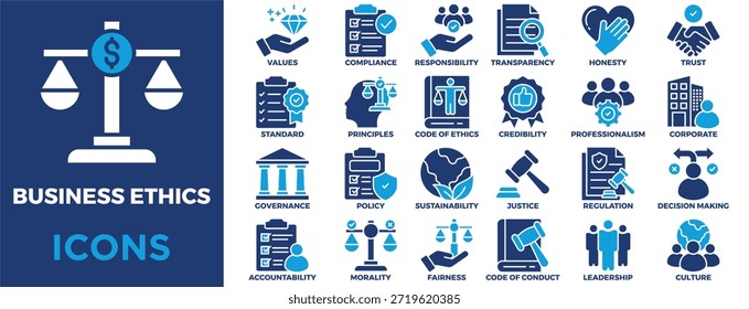 Conjunto de coleções de ícones da Ética Comercial. Contendo valores,conformidade,responsabilidade,transparência,honestidade,confiança,responsabilidade,conduta,padrões,ícone de princípios