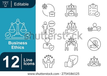 Business ethics icon set. Corporate responsibility, ethical decision making, business integrity, fair trade practice, professional conduct, compliance regulation, transparent management and more. Line vector icons collection.