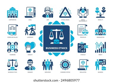 Business Ethics icon set. Corporation, Morality, Employees, Principles, Ethical Issues, Regulation, Manager, Profit. Duotone color solid icons