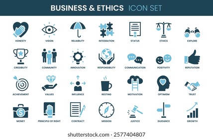 Business And Ethics icon set. Duotone and glyph style.