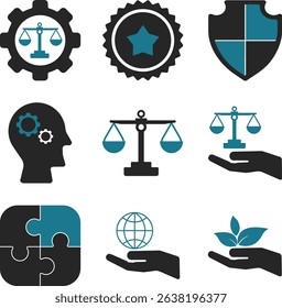 Business Ethics Icon Set - Honesty, Integrity, Commitment and Decision, Social Responsibility, Increased Corporate Values, Trustworthiness, Reliability, Teamwork, You Can Easily Change Color.