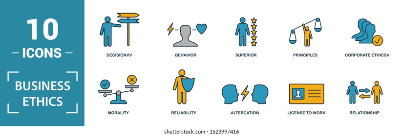 Business Ethics icon set. Include creative elements csr, trust, morality, license to work, profitability icons. Can be used for report, presentation, diagram, web design.