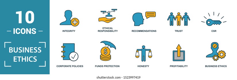 Business Ethics icon set. Include creative elements csr, trust, morality, license to work, profitability icons. Can be used for report, presentation, diagram, web design.