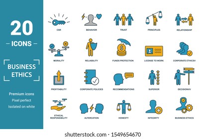 Business Ethics icon set. Include creative elements csr, trust, morality, license to work, profitability icons. Can be used for report, presentation, diagram, web design.