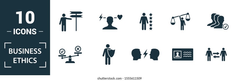 Business Ethics icon set. Include creative elements csr, trust, morality, license to work, profitability icons. Can be used for report, presentation, diagram, web design.