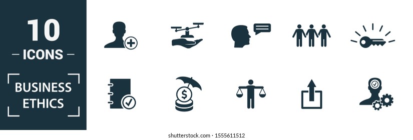 Business Ethics icon set. Include creative elements csr, trust, morality, license to work, profitability icons. Can be used for report, presentation, diagram, web design.