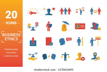 Business Ethics icon set. Include creative elements csr, trust, morality, license to work, profitability icons. Can be used for report, presentation, diagram, web design.