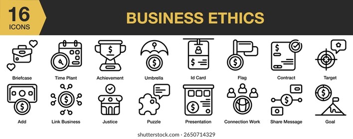 Business Ethics icon set. Includes business, corporate, management, ethics, strategy, and More. Outline icons vector collection.