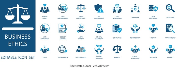 Business ethics icon set. Includes symbols for integrity, human rights, compliance, sustainability, and professional code of conduct.