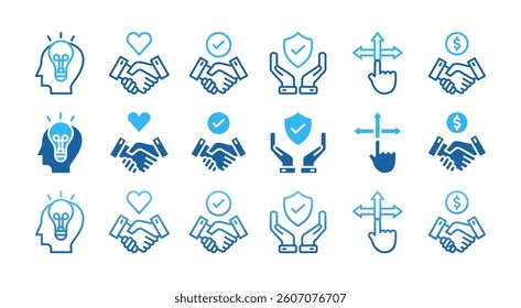 BUSINESS ETHICS, icon set with multiple style business plan with an icon of meeting, collaboration, analysis, brainstorming, plan, communication, and summary	
