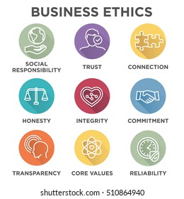Business Ethics Icon Set with social responsibility, corporate core values, reliability, transparency, etc