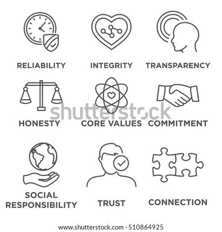 Business Ethics Icon Set with social responsibility, corporate core values, reliability, transparency, etc
