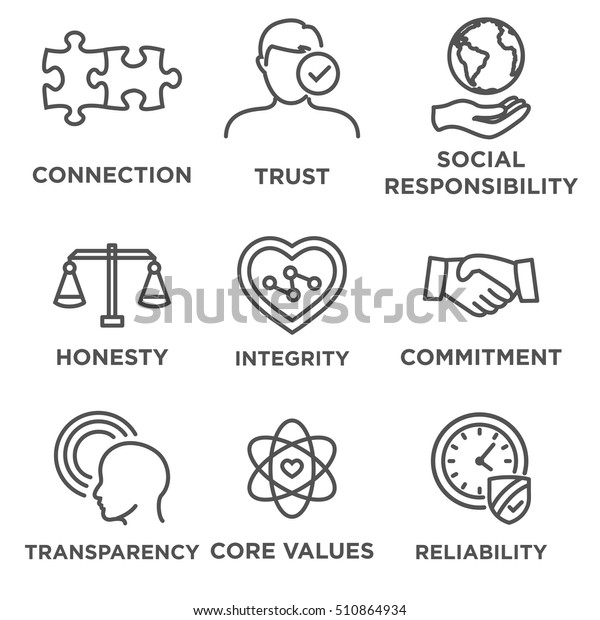 Business Ethics Icon Set
with social responsibility, corporate core values, reliability,
transparency, etc
