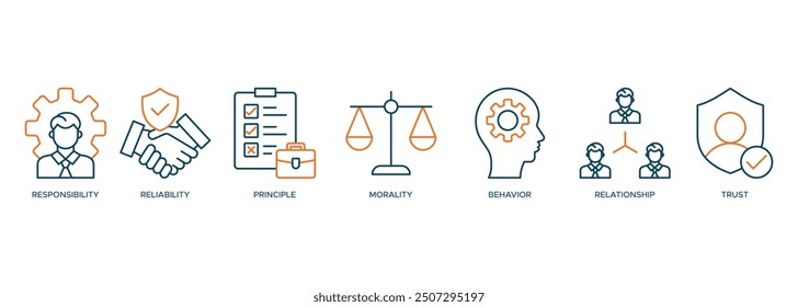 Concepto de Web de Anuncio de Ilustración vectorial de ícono de ética empresarial con ícono de actitud, relación, confiabilidad, moralidad, elección, derecho comercial y Acuerdo