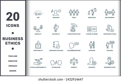 Business Ethics icons set collection. Includes creative elements such as Csr, Behavior, Trust, Principles, Relationship, Corporate Policies and Recommendations premium icons.