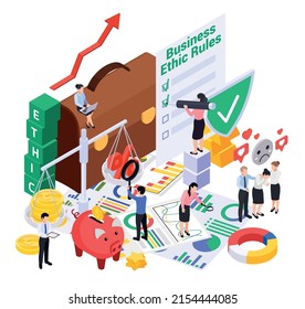 Business ethics isometric composition with human characters ethic rules checklist with briefcase piggy bank and graphs vector illustration