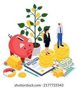 Business ethics isometric composition with people coin stacks cash and gold with piggy bank money tree vector illustration
