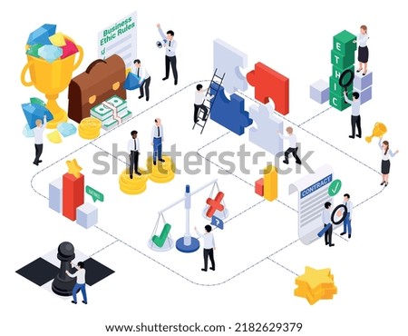 Business ethics isometric composition with set of isolated conceptual icons in flowchart connected with dashed lines vector illustration