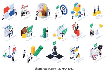 Business ethics isometric set with isolated conceptual icons and human characters of coworkers with text captions vector illustration