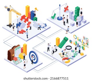 Business ethics isometric set of platforms with small characters of coworkers with puzzle pieces graph elements vector illustration