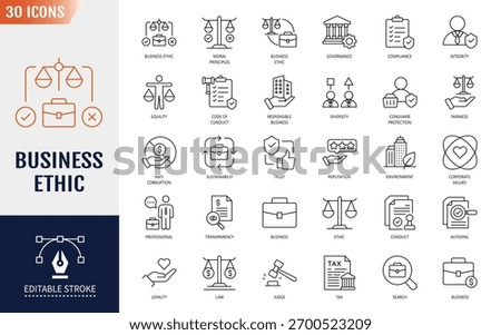 Business ethics line editable icon set. Containing icons: Compliance, fairness, integrity, loyalty, trust, equality, code of conduct, honesty, anti corruption, transparency. Vector illustration