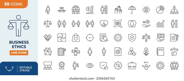 Business Ethics Line editable icons set.	
