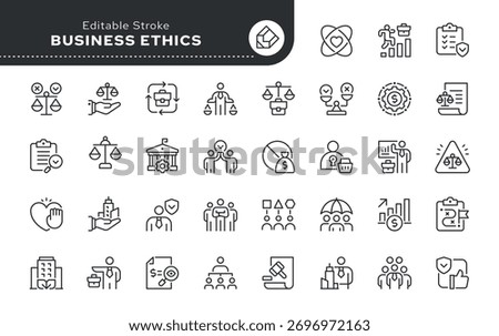 Business ethics line icon set. Moral standards, values, principles, honesty, fairness, trust, equality, compliance, anti-corruption, responsibility. Outline icon in linear style. Vector collection.	
