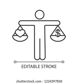 Business Ethics Linear Icon. Dilemma. Love Or Money Decision. Thin Line Illustration. Make Choice. Honesty, Morality. Scales Of Justice With Dollar And Heart. Vector Isolated Drawing. Editable Stroke