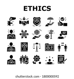 Business Ethics Moral Collection Icons Set Vector. Social Ethics And Partnership, Honesty And Impact, Handshake And Team Building Glyph Pictograms Black Illustrations