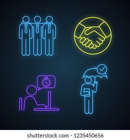 Business ethics neon light icons set. Partners, trust, time management, reliability. Glowing signs. Vector isolated illustrations