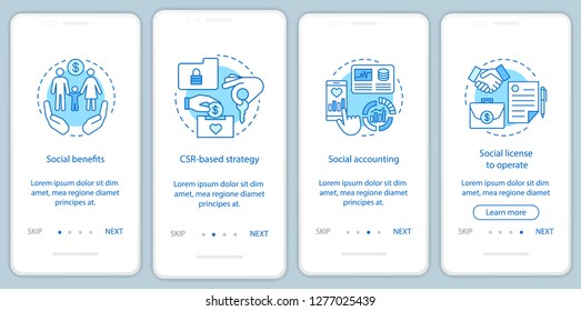 Business ethics onboarding mobile app page screen template. Corporate social responsibility walkthrough website steps. CSR. Social welfare and environment. UX, UI, GUI smartphone interface concept