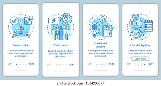 Business ethics onboarding mobile app page screen vector template. Trade union, intellectual property. Walkthrough website steps with linear illustrations. UX, UI, GUI smartphone interface concept