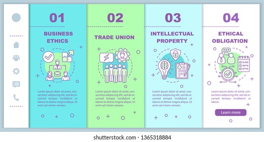 Business ethics onboarding mobile web pages vector template. Corporate policy. Responsive smartphone website interface idea with linear illustrations. Webpage walkthrough step screens. Color concept