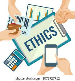 Business ethics porter with papers and devices for calculations